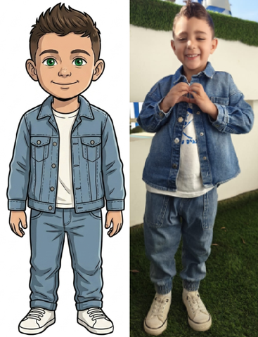 Personalization example: a photo of a boy in a denim outfit, next to the illustrated character created from it for the cards